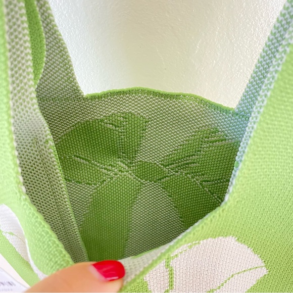 Free People Green & Cream Pistachio Bow Cotton Ribbed Knit Mini Tote Bag - Picture 5 of 6